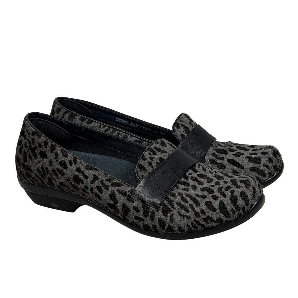 Dansko Grey Leopard Print Calf Hair Loafers Black Leather Shoes Womens 38 EU 7.5